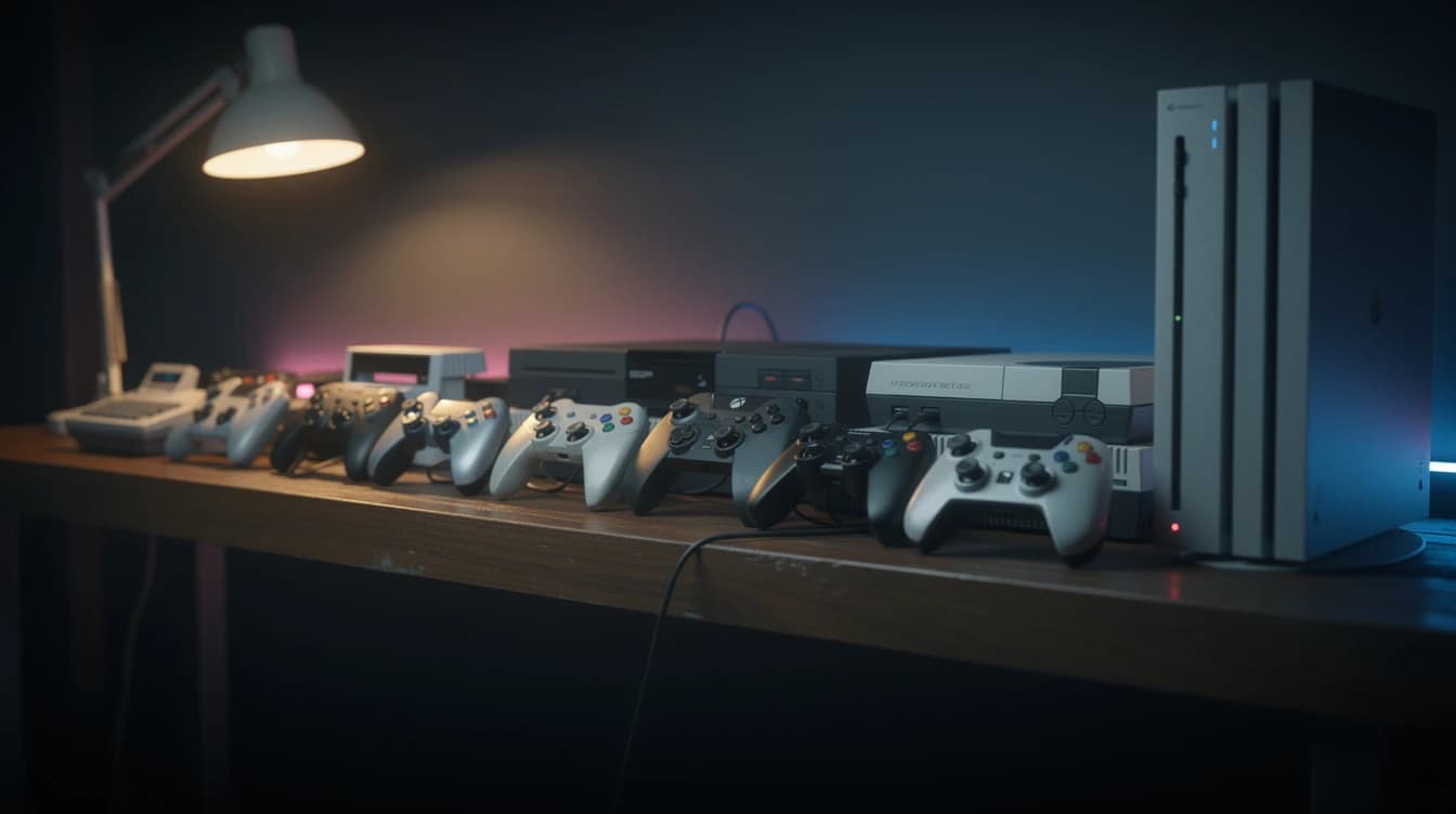 Consolas y controles de distintas décadas ordenados en una repisa con luz de neón rosa y azul