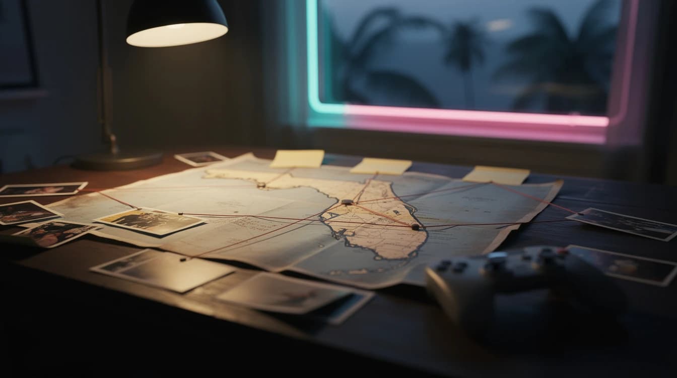 Escritorio con un mapa de Florida, fotos e hilos rojos al estilo de un tablero de detective, un mando y luz de neón rosa y turquesa
