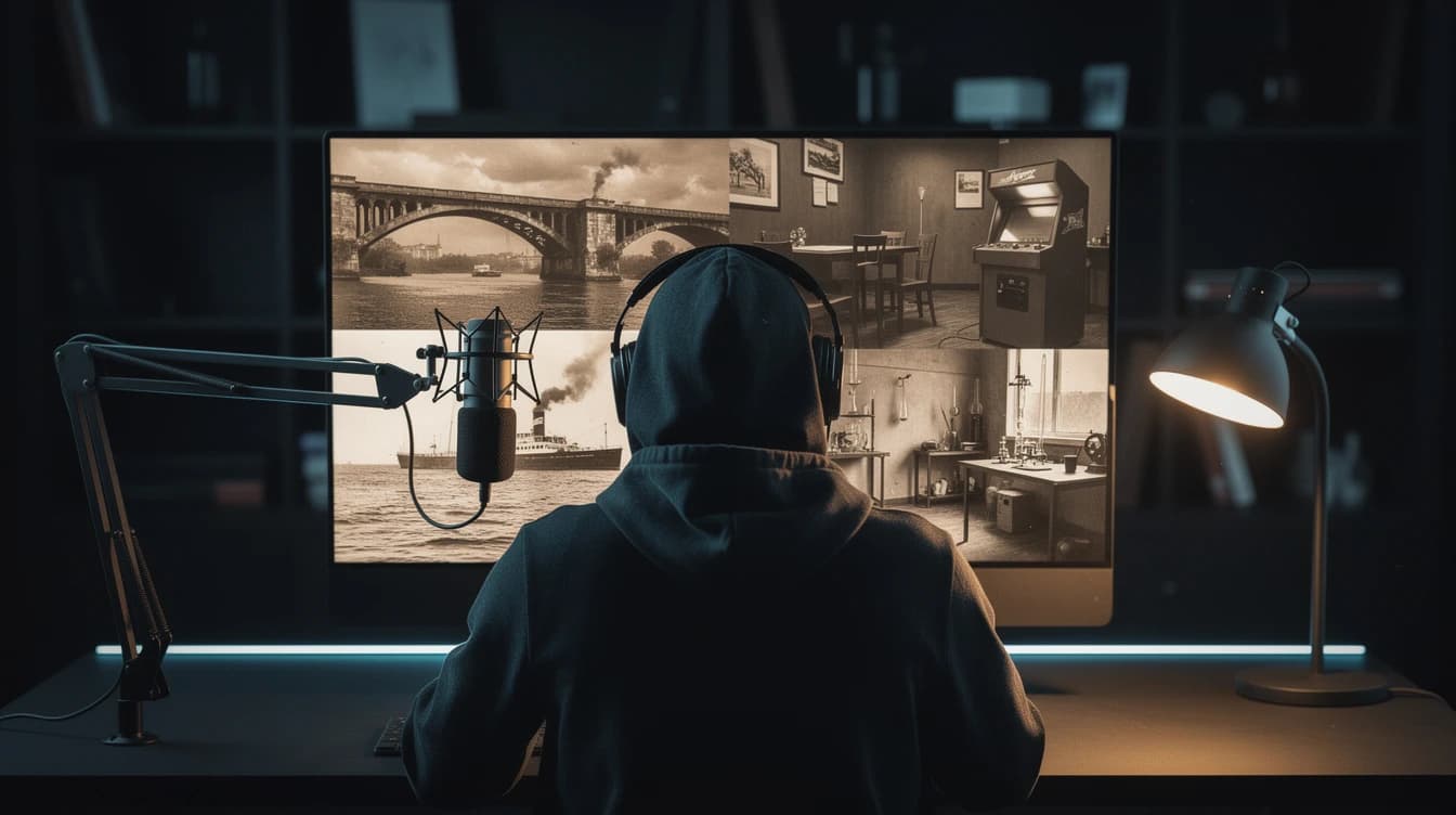 Creador de contenido de espaldas frente a un monitor con fotos de archivo históricas, con micrófono de podcast