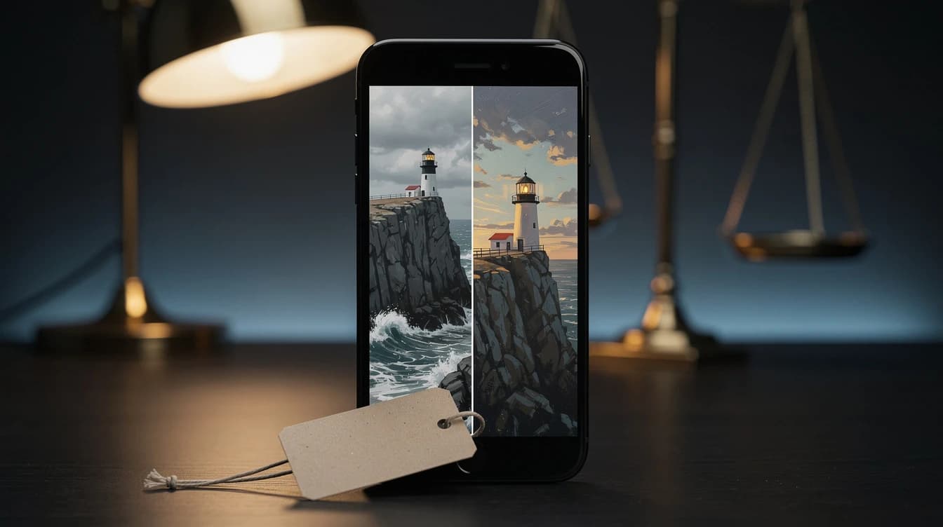 Pantalla vertical dividida entre una fotografía real y una versión pintada por IA, con una etiqueta en blanco