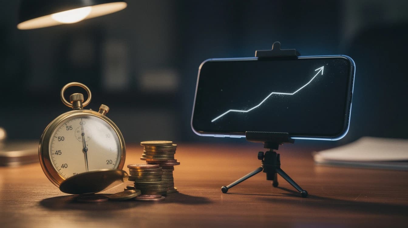 Teléfono en un soporte con un gráfico de crecimiento iluminado y un cronómetro analógico junto a él