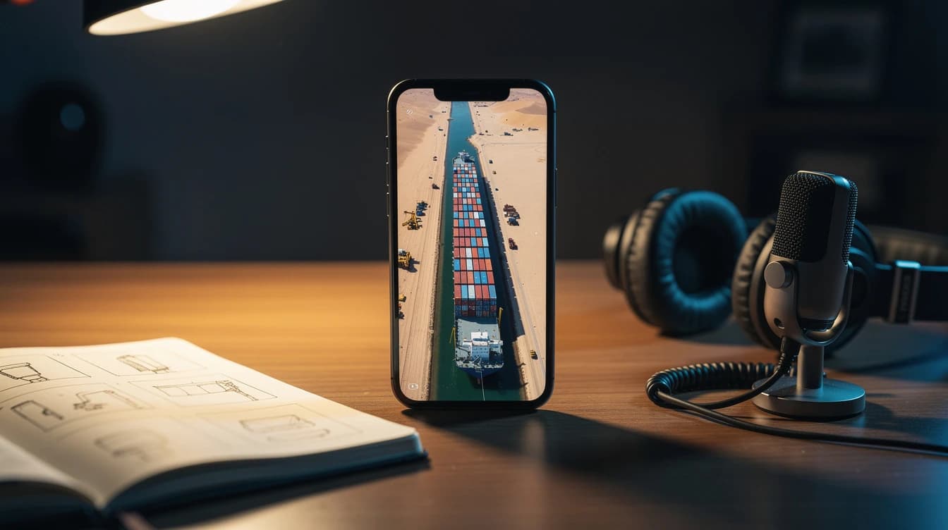 Smartphone vertical sobre un escritorio mostrando un portacontenedores encallado en un canal, junto a bocetos de guion