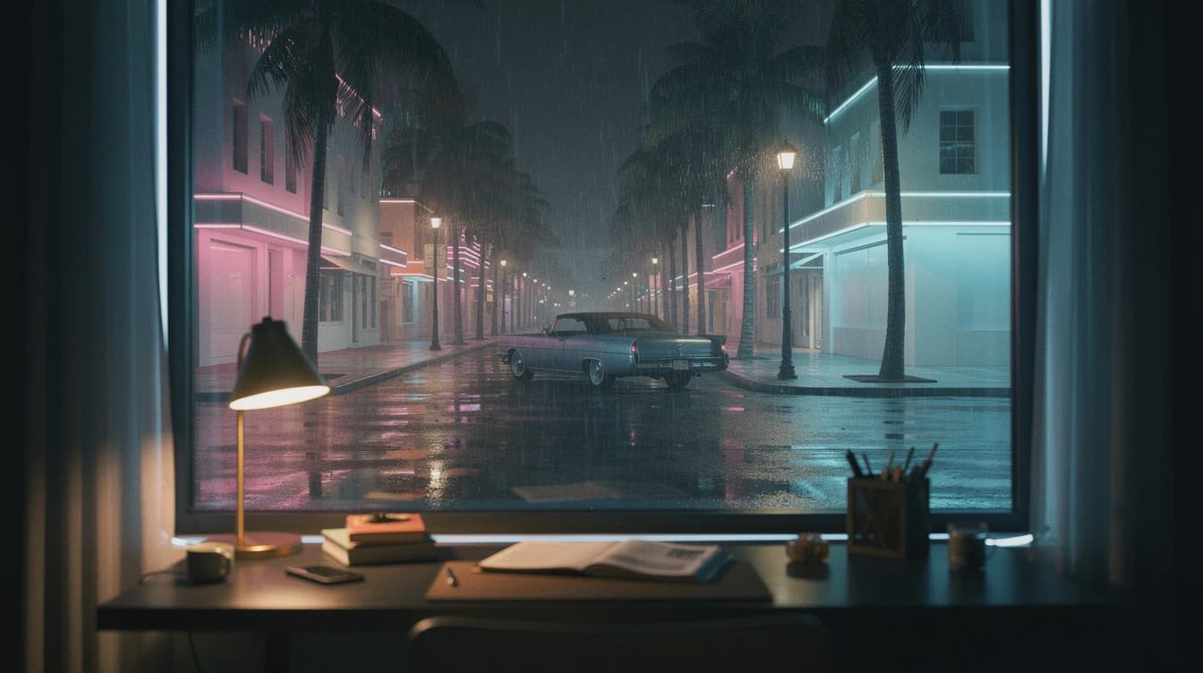 Avenida de Miami de noche con edificios art déco, palmeras y luces de neón reflejadas en el asfalto