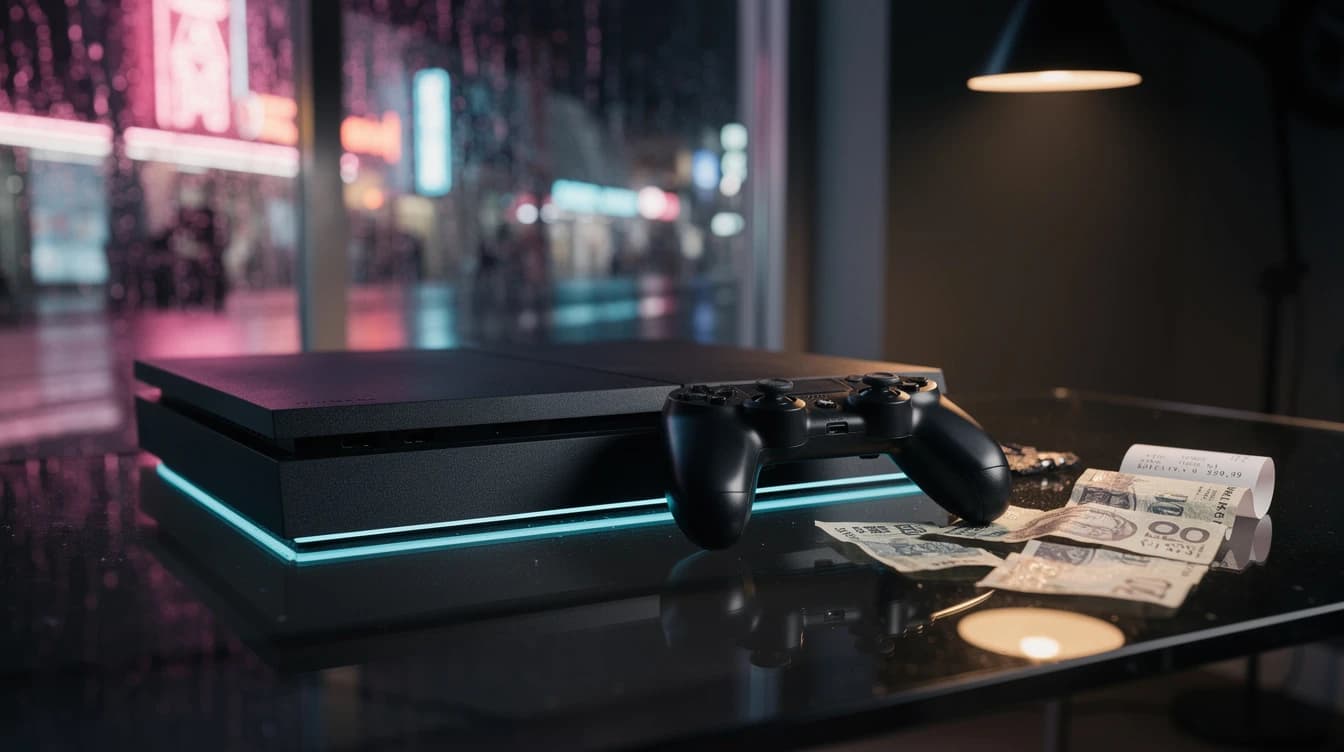 Consola y control sobre una mesa con billetes y un recibo, iluminados por luces de neón de una noche lluviosa