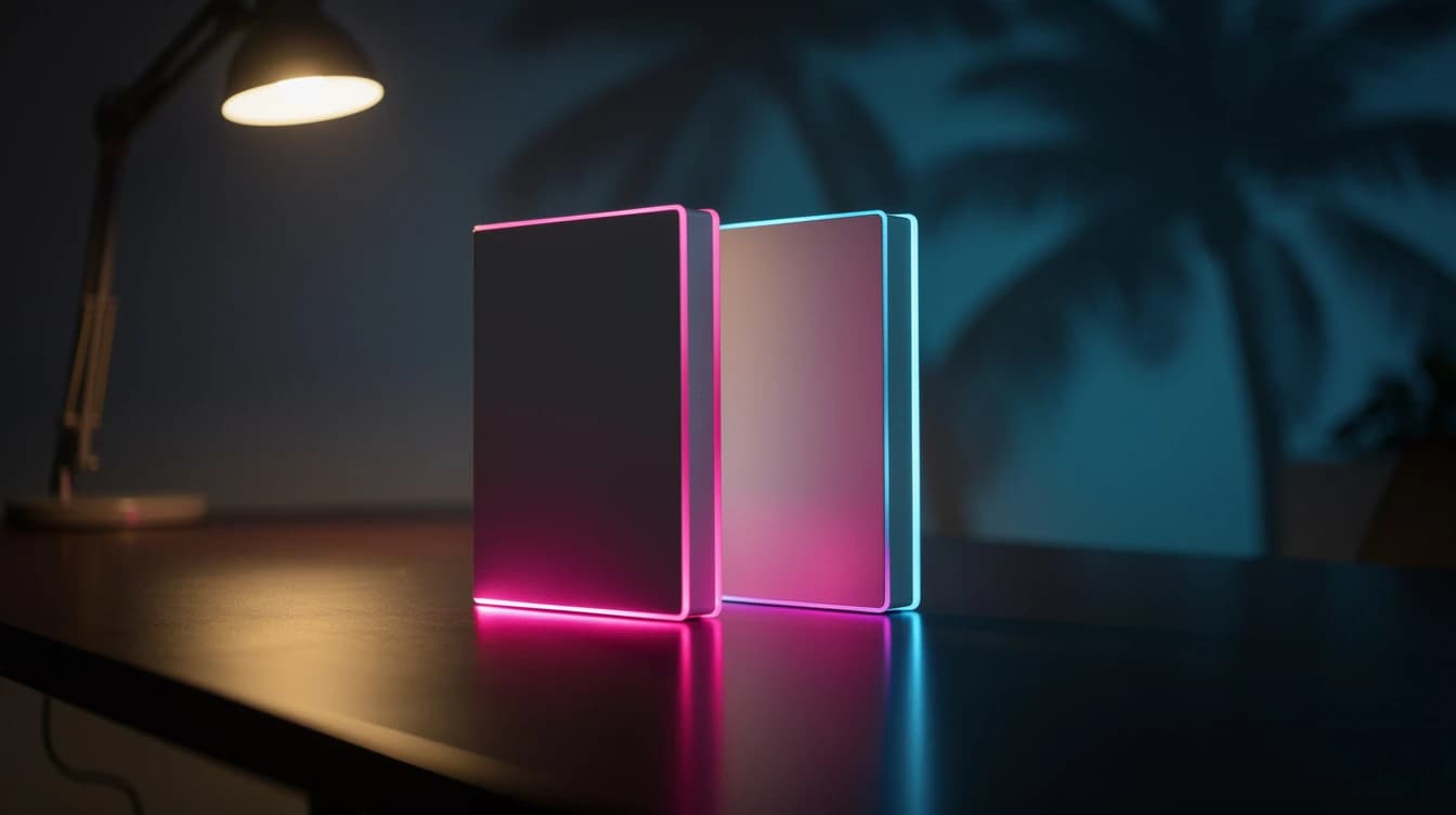 Dos cajas de videojuego sin marca sobre una mesa oscura bajo luces de neón rosa y azul