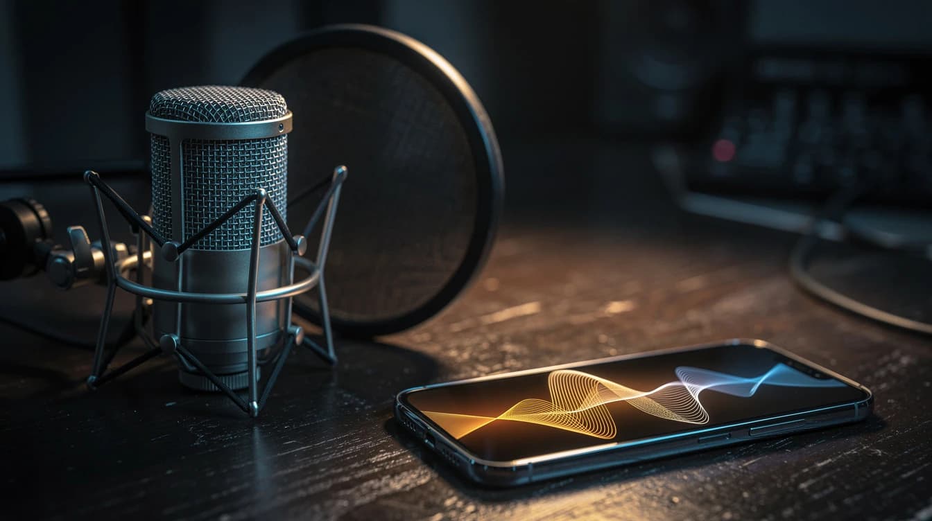 Micrófono de condensador con filtro antipop junto a un teléfono que muestra una onda de audio