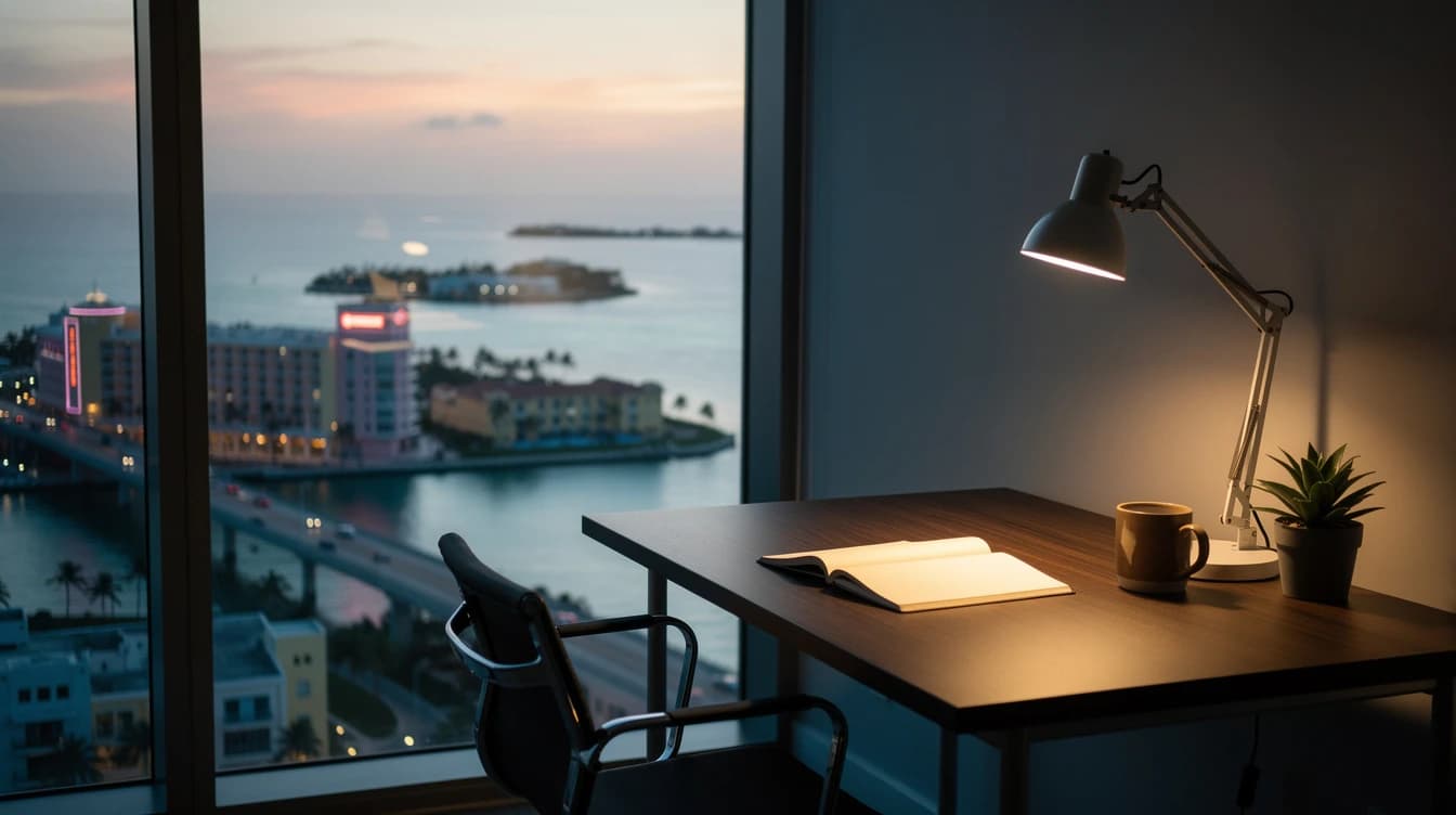 Costa al atardecer al estilo de Miami, con hoteles art déco, puentes sobre el agua y cayos