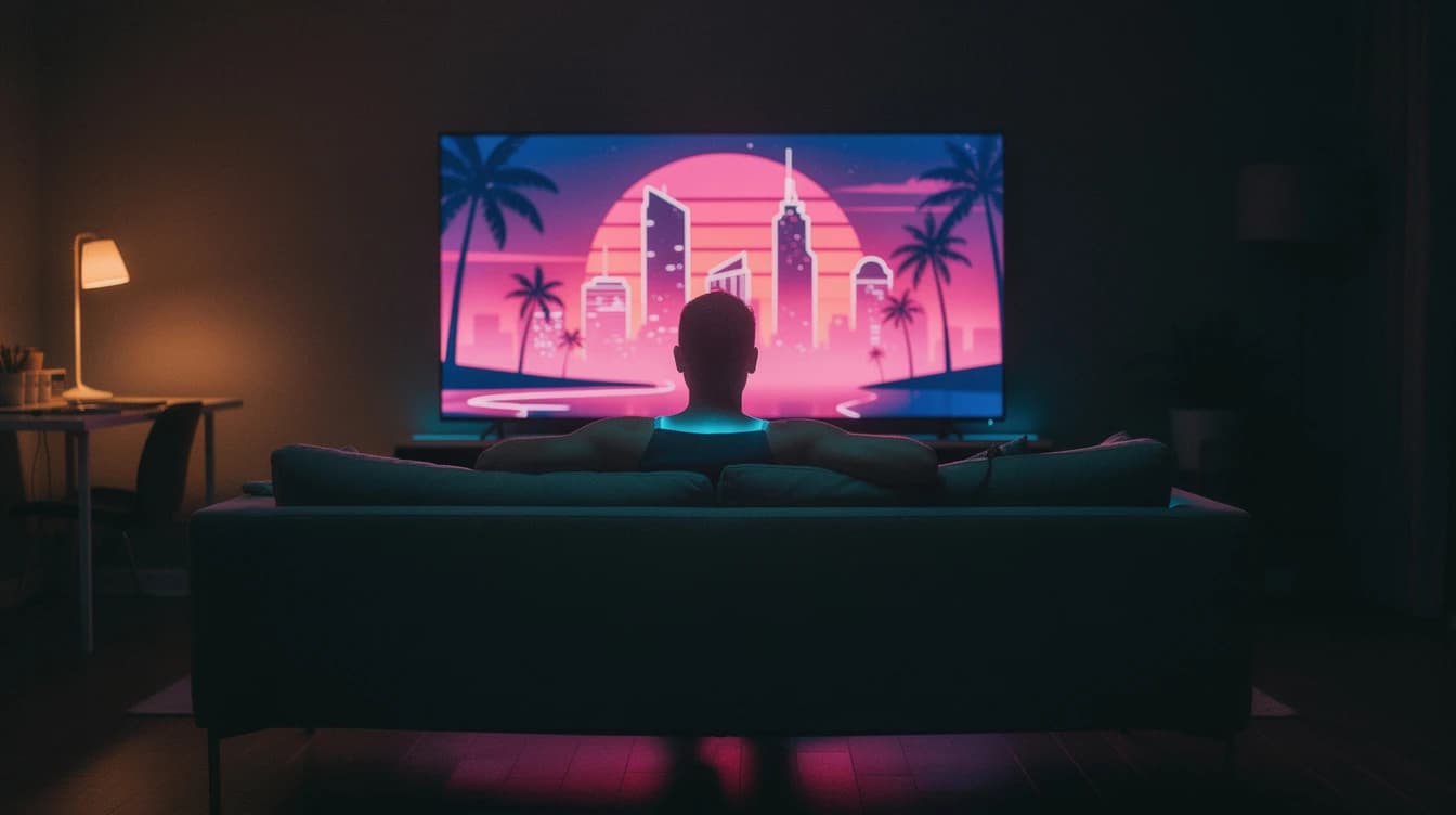 Persona de espaldas mirando en un televisor grande un atardecer neón sobre una ciudad de playa