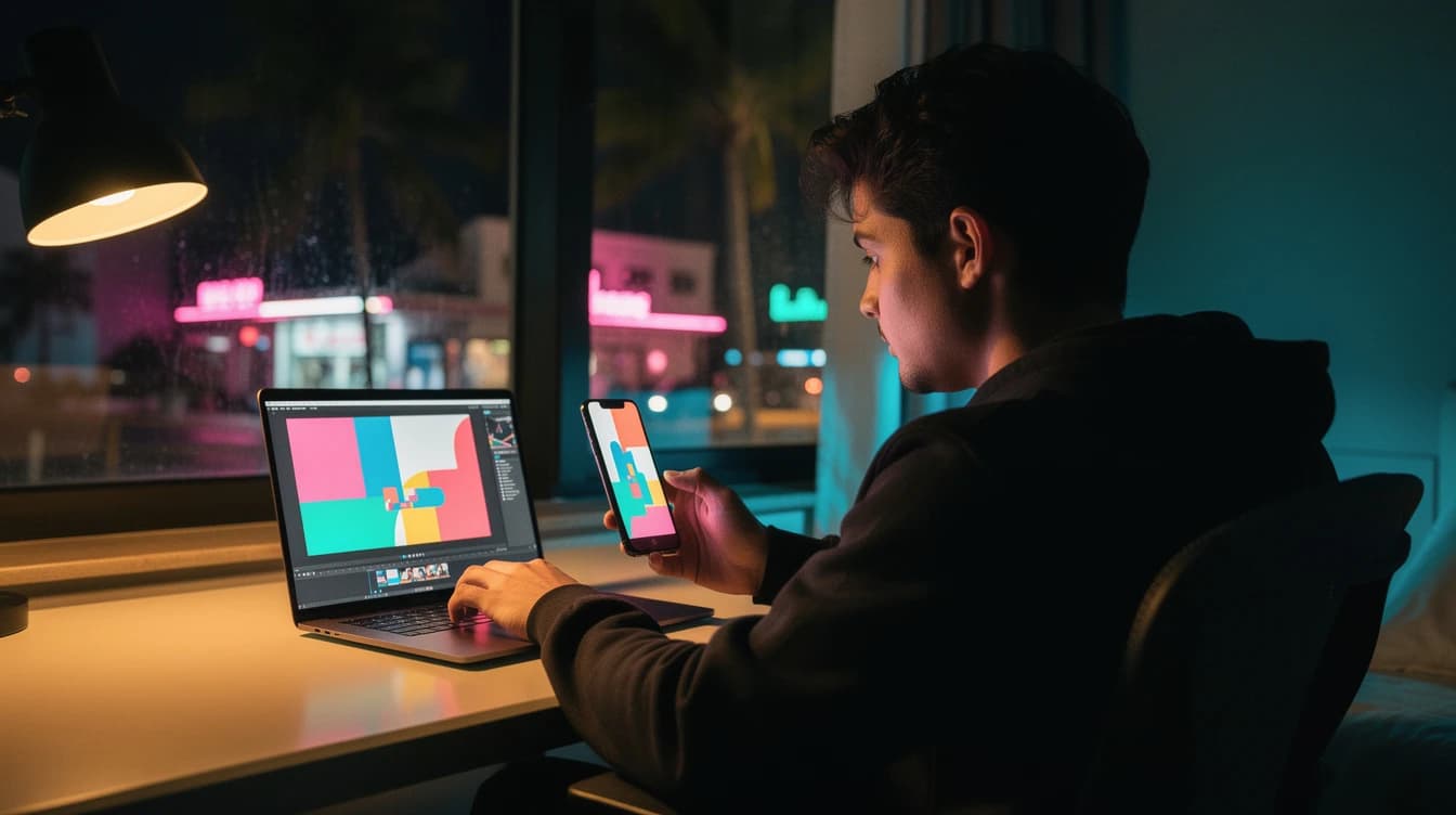 Un creador editando un video vertical en su celular y laptop de noche, con luces de neón rosa y turquesa de una calle de Miami