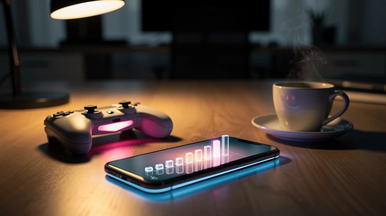 Un celular con un gráfico de barras luminoso junto a un control de videojuego, con luz de atardecer y reflejos de neón
