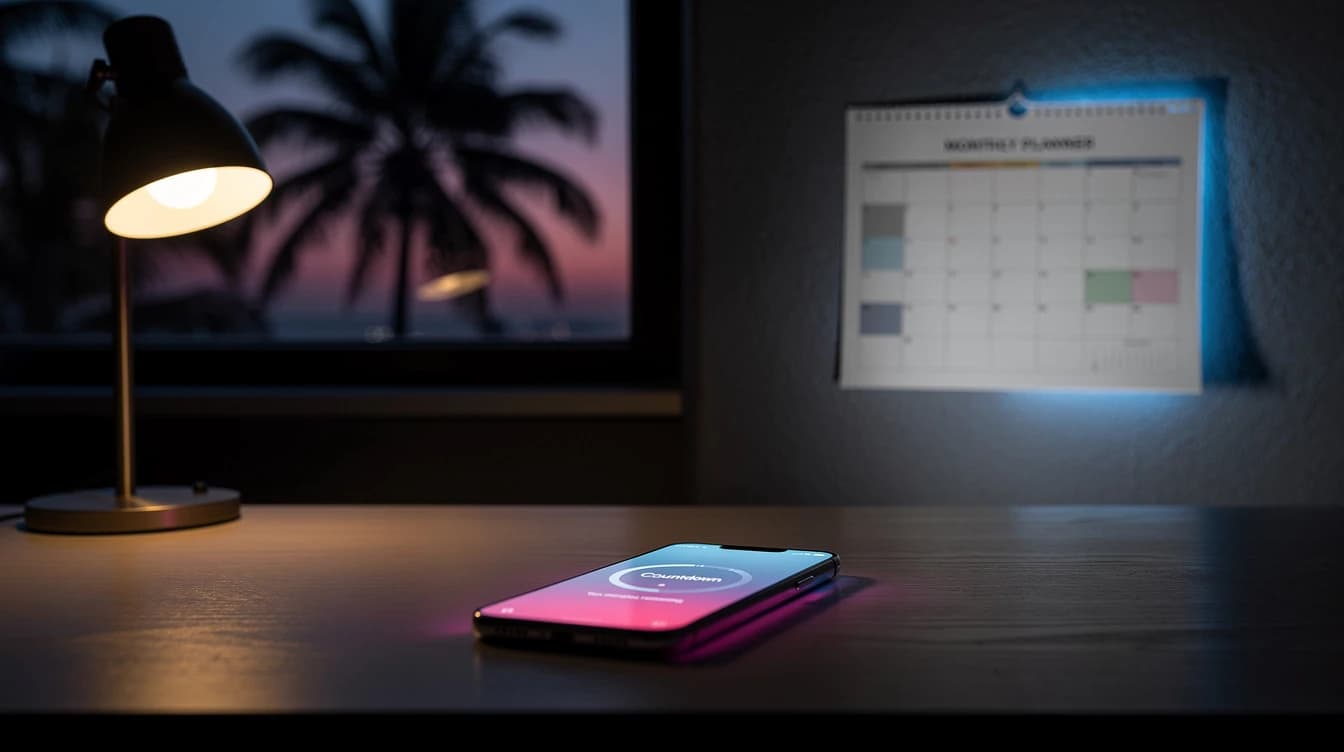 Un calendario y un celular sobre un escritorio en un cuarto oscuro con luz de neón y palmeras al atardecer