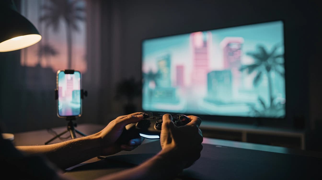 Manos con un control frente a un televisor con luces de neón y un celular vertical en un trípode