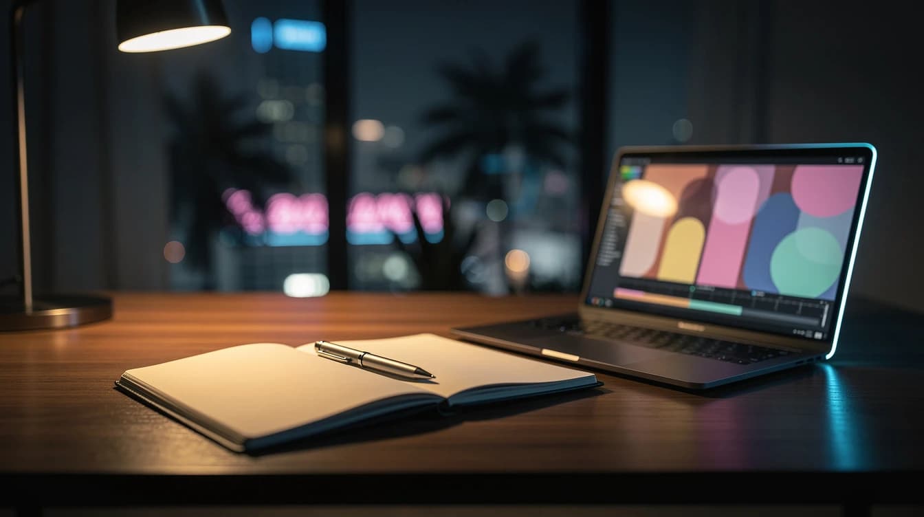 Un escritorio de noche con un cuaderno, una laptop con una línea de tiempo de video y luz de neón de Miami
