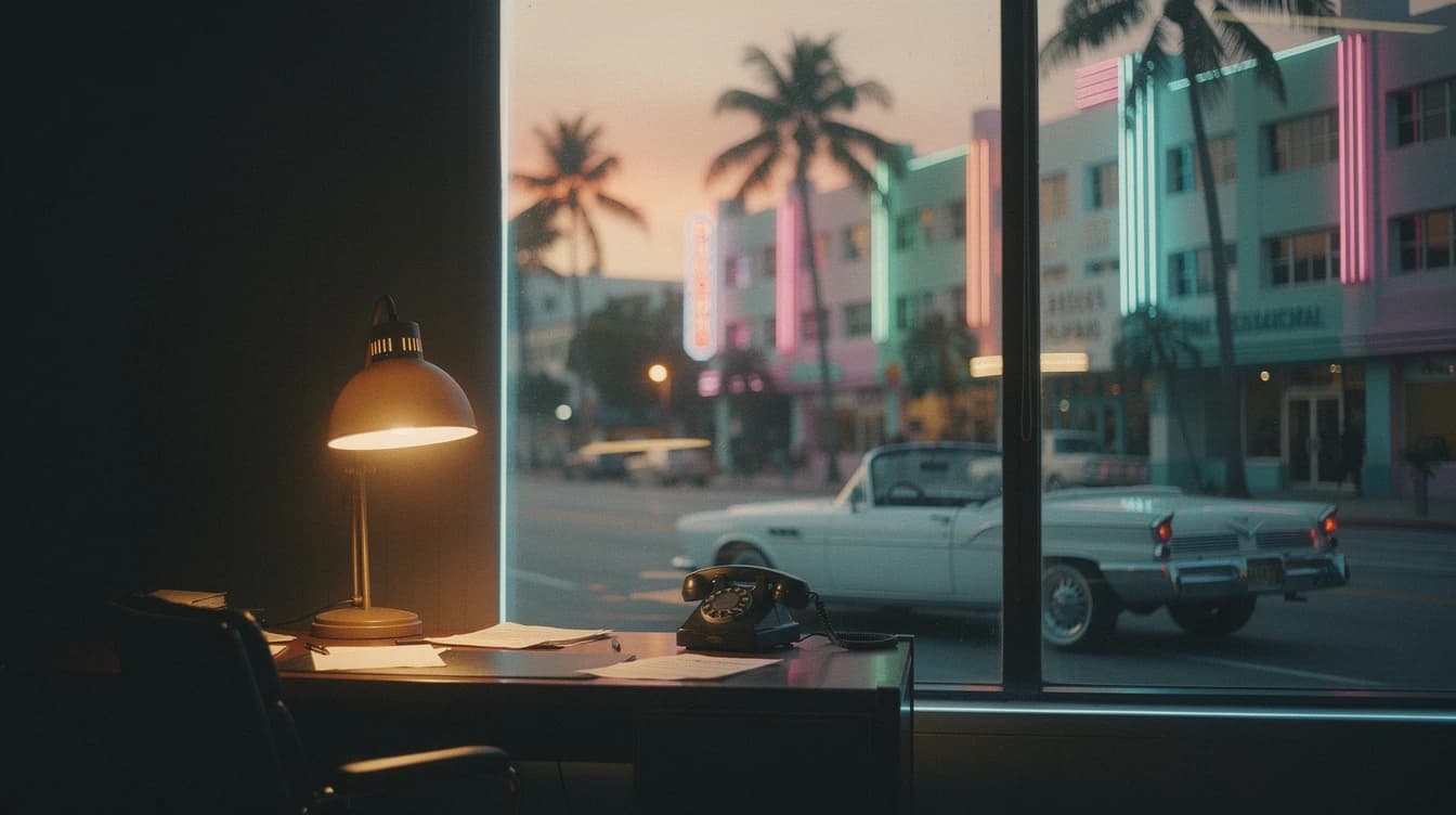 Hoteles art déco con luces de neón rosa y turquesa en una calle de Miami Beach al atardecer, con palmeras y un convertible antiguo