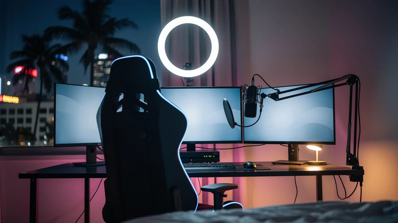 Un setup de streaming vacío de noche, con micrófono, monitores y una consola, iluminado con neón rosa y azul y palmeras en la ventana