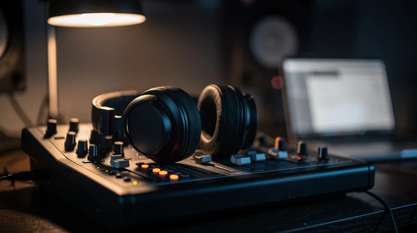 Auriculares de estudio sobre una pequeña mesa de mezcla con luz cálida
