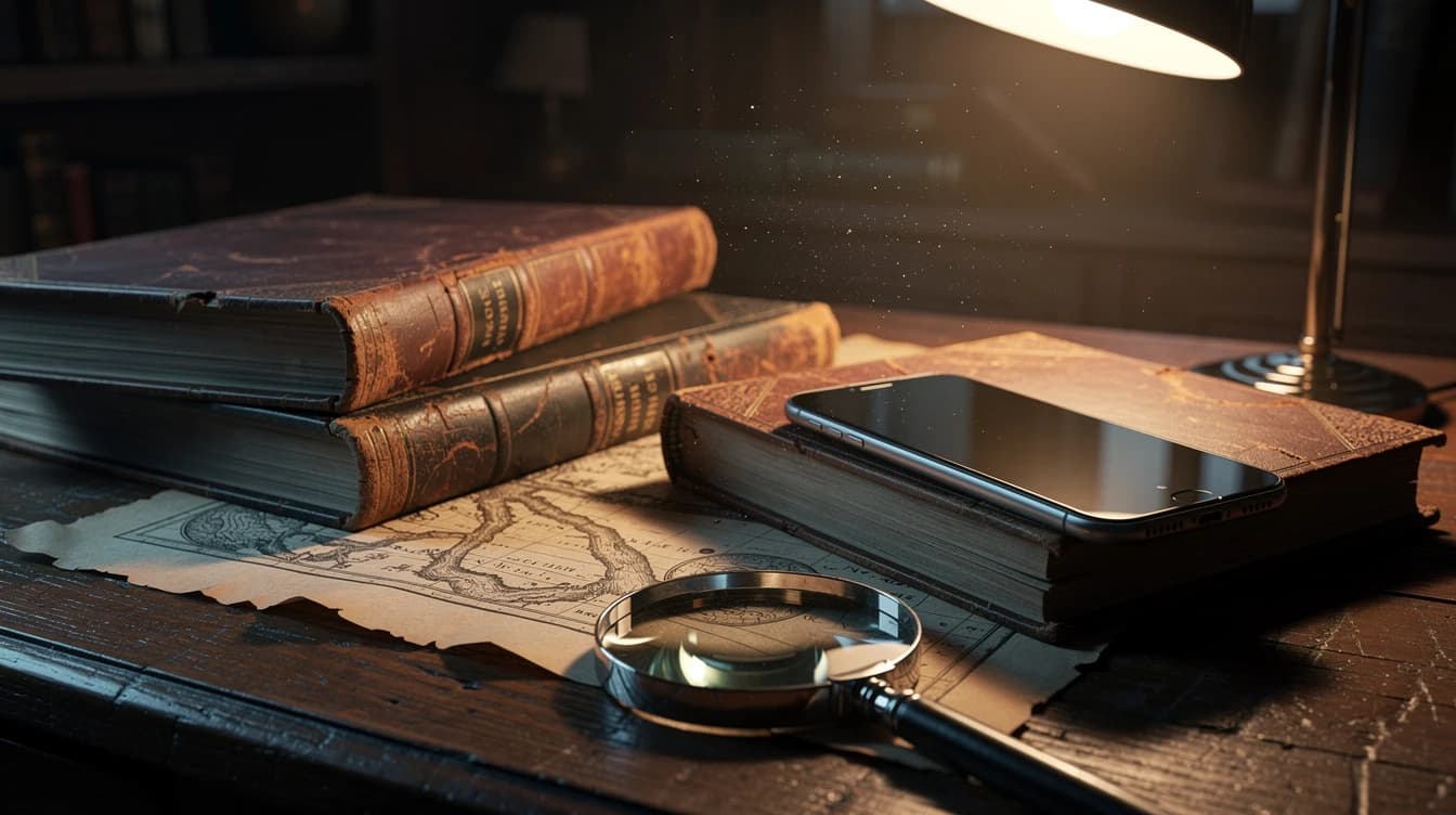 Escritorio con libros antiguos de historia, un mapa viejo y un celular bajo luz cálida