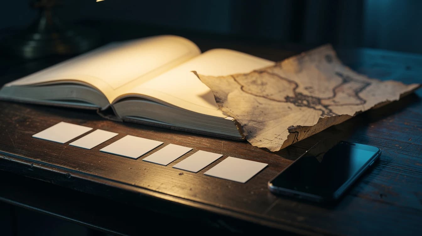 Escritorio oscuro con fichas ordenadas en fila, un libro de historia, un mapa antiguo y un celular bajo luz cálida