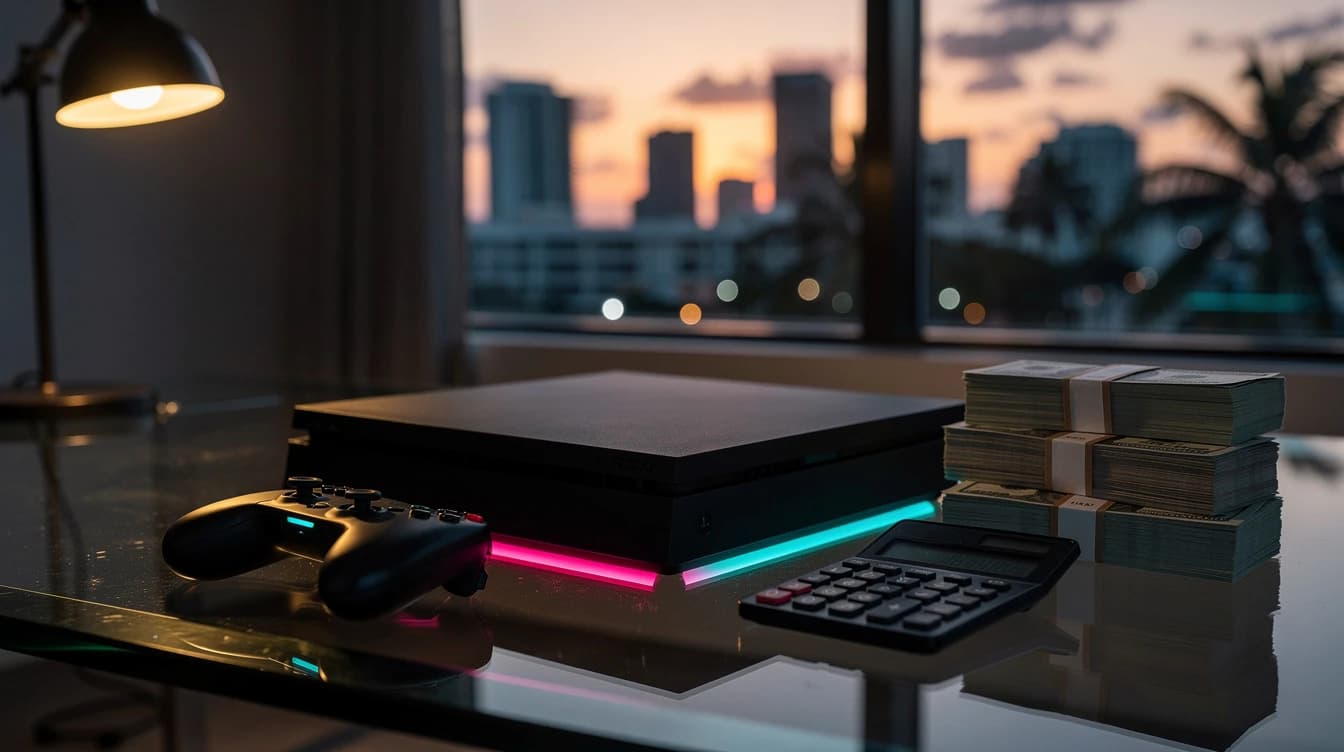 Consola y mando junto a fajos de billetes y una calculadora, con una ciudad costera al atardecer y luces de neón rosa y turquesa