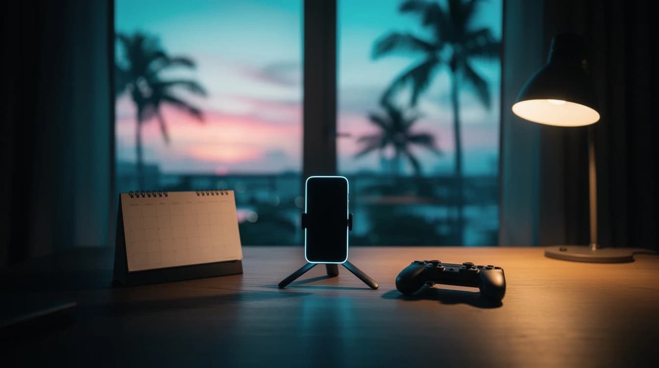 Escritorio de un creador al atardecer con un celular en trípode, un mando de consola y luz de neón rosa y turquesa