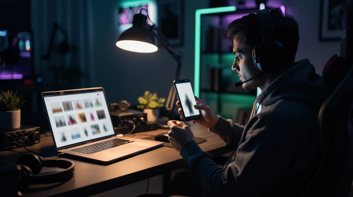 Streamer revisando un video vertical en su teléfono junto a un portátil, con luz de neón morada y verde