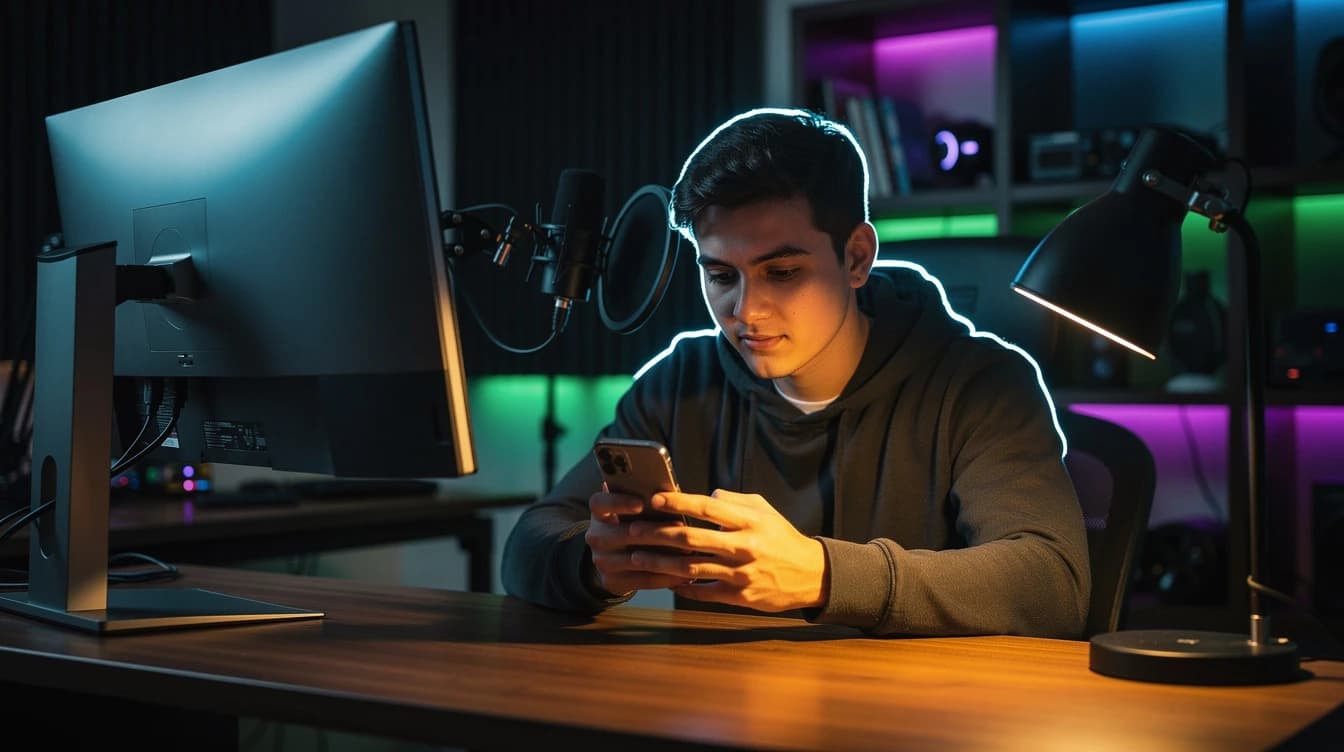 Creador editando un video vertical en su teléfono frente a un setup de streaming con luz de neón morada y verde