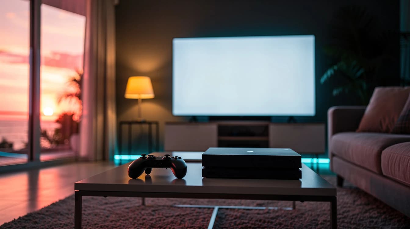 Sala con luz de atardecer y neón rosa y turquesa, con un mando y una consola frente a un televisor