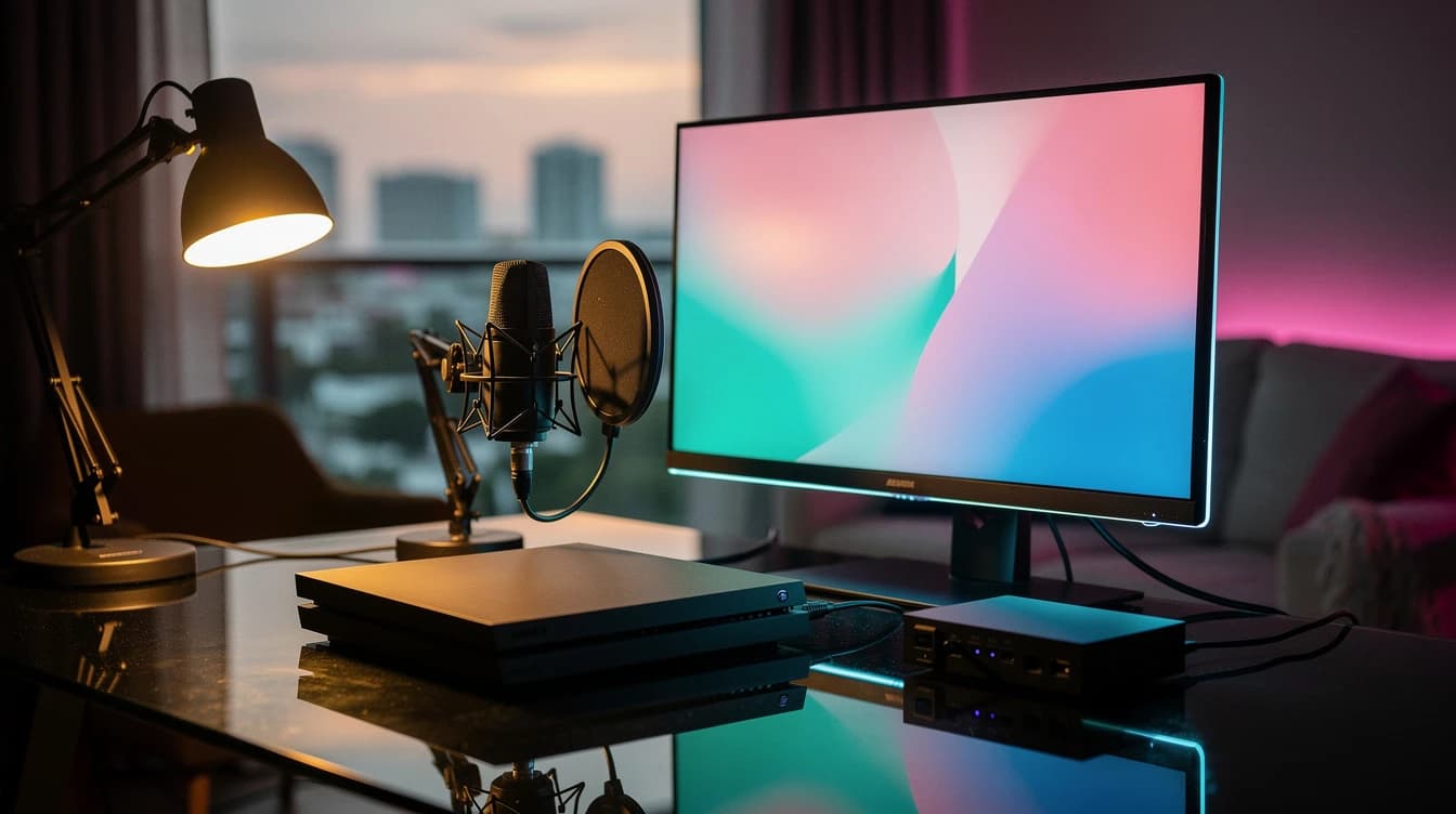 Escritorio de streaming con consola, capturadora, micrófono y monitor iluminado con neón rosa y turquesa al atardecer