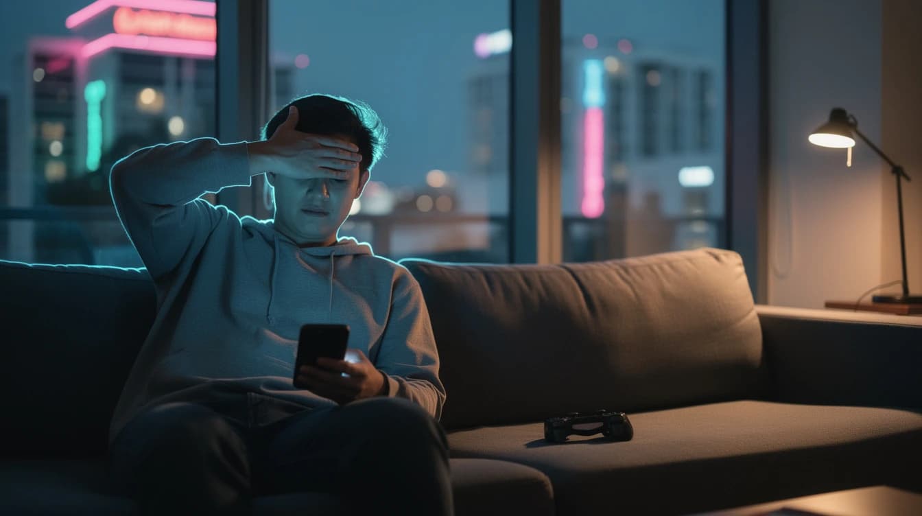 Persona en un sofá se tapa los ojos mientras sostiene el teléfono, con un mando al lado y luz de neón rosa y turquesa