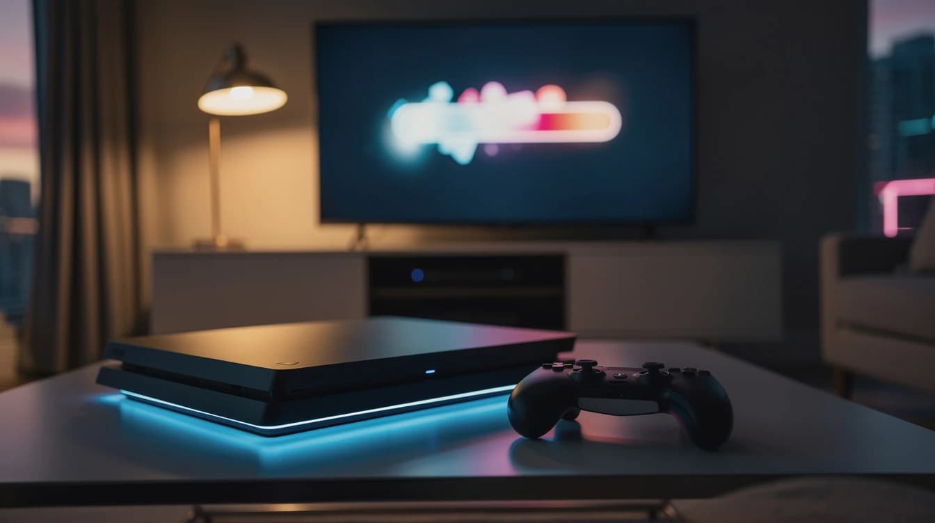 Consola y mando sobre una mesa con luz de neón rosa y turquesa al atardecer, mientras avanza una descarga