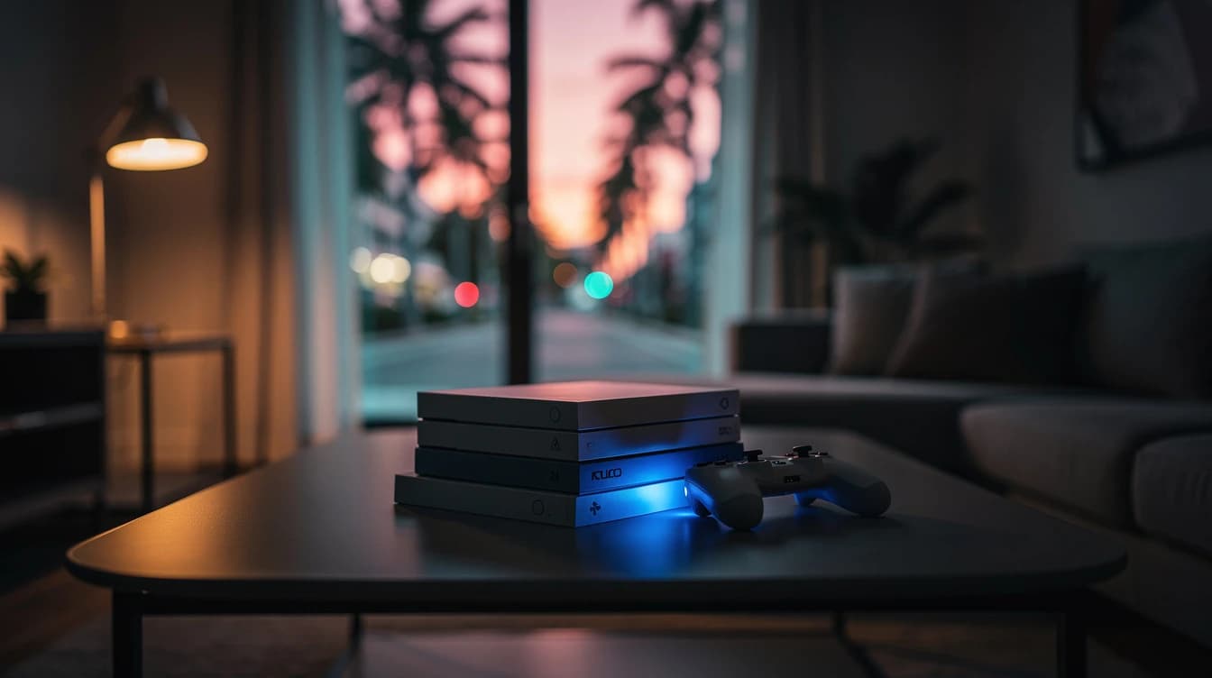 Pila de cajas de videojuegos sin marca y un mando en un living de Miami al atardecer con neón rosa y turquesa