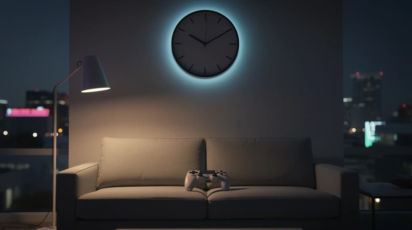Reloj de pared cerca de la medianoche sobre un mando de consola con luces de neón rosa y turquesa