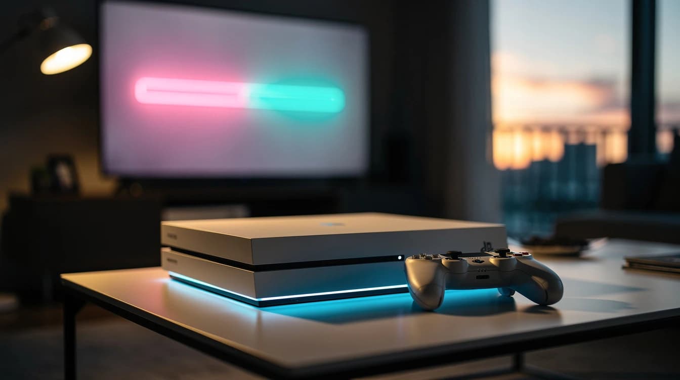 Consola y mando genéricos frente a un televisor al atardecer con luces de neón rosa y turquesa